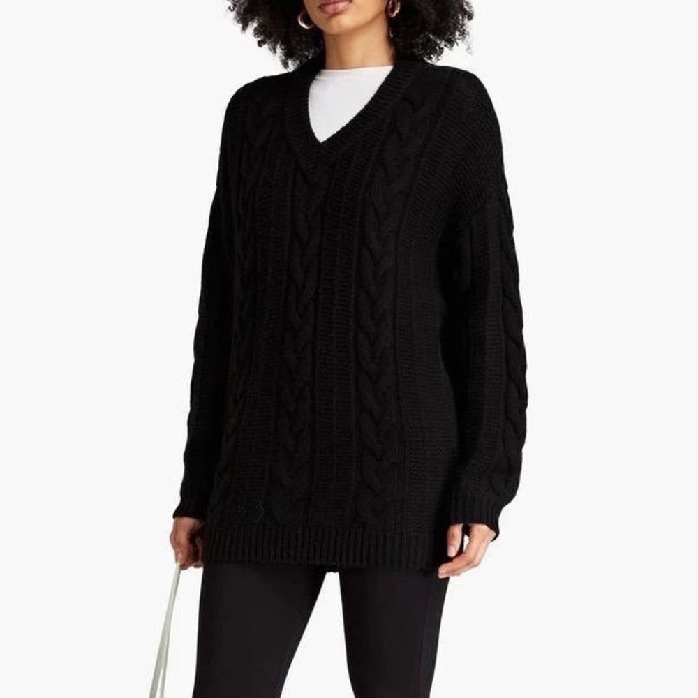 Naadam Black Wool Cashmere Cable Knit Oversized V-Neck Tunic Sweater - Small
